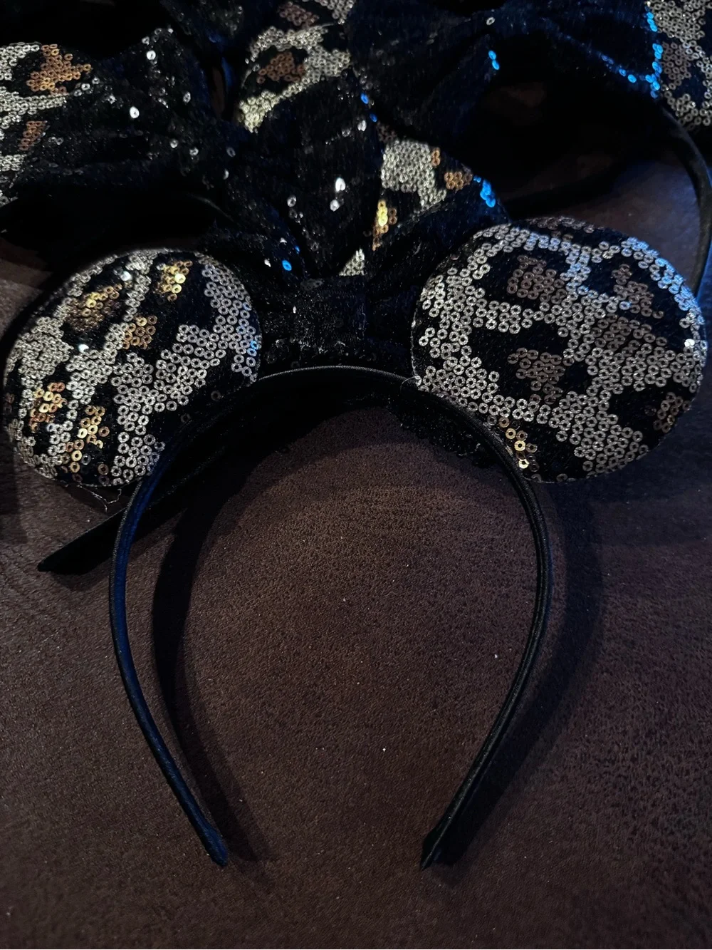 Bulk Lot-9 New Leopard Minnie Ear, Black Sequin Bow Headbands-Wholesale Pricing